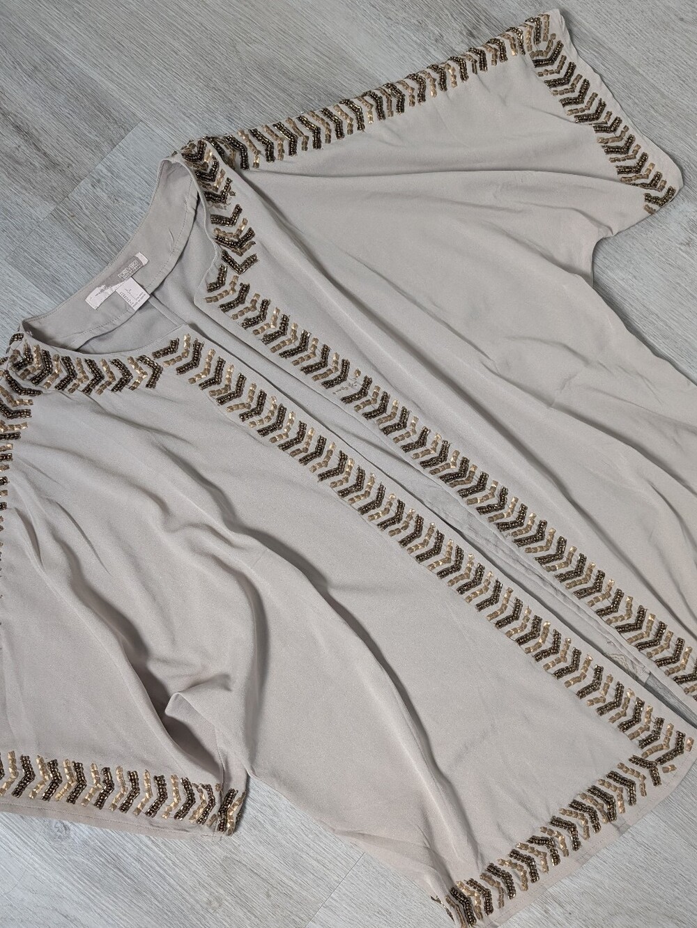 Forever 21 Boho Taupe Chevron Beaded Trim Open Front 3/4 Sleeve Kimono Jacket L - Picture 5 of 12